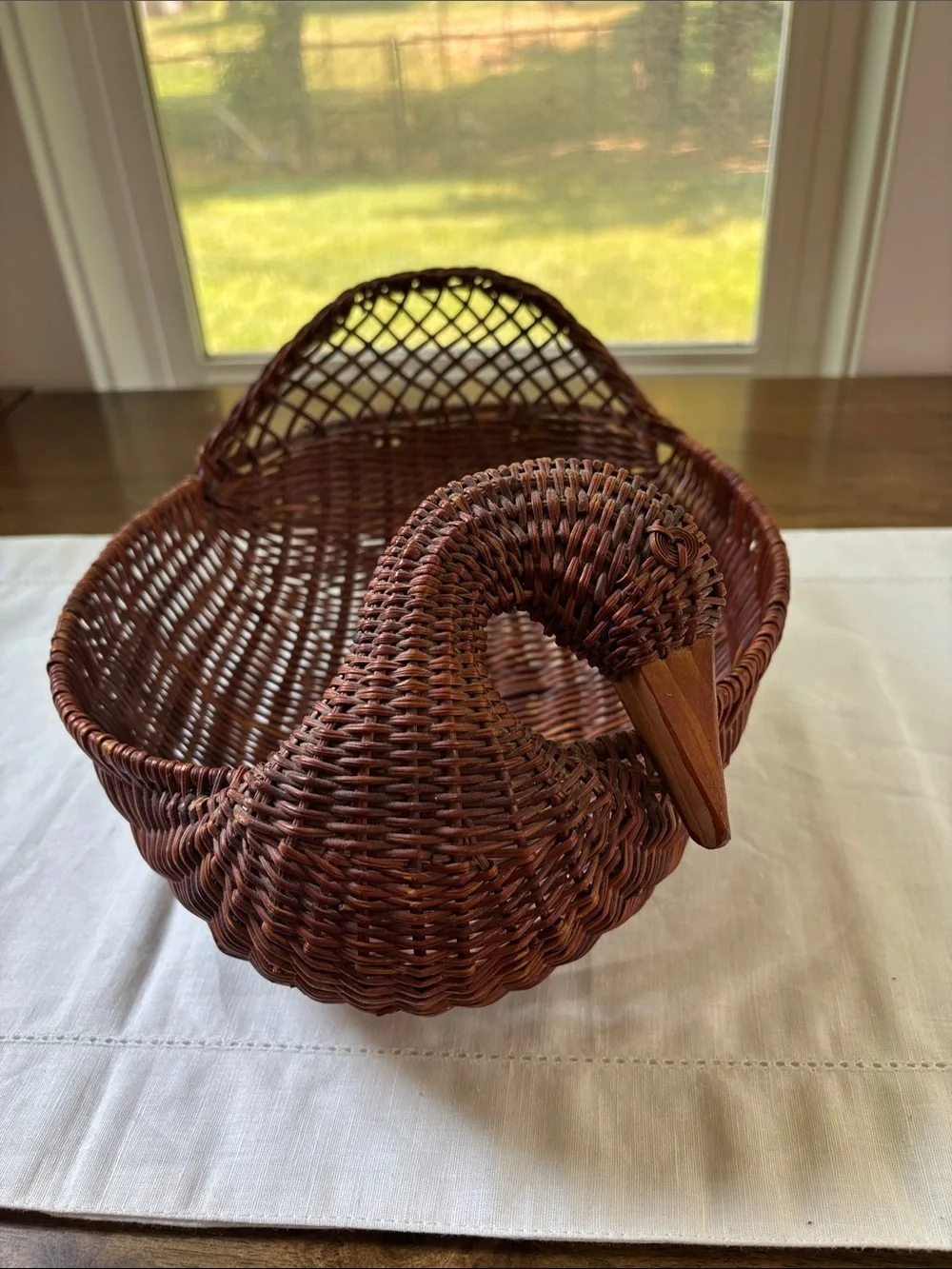 Vintage Handwoven Brown Wicker Goose w/ Hand Carved Wood Beak Cottagecore Decor